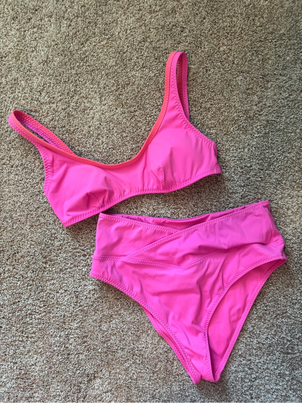 Fabletics Neon Flamingo High-Waist Cross Over & Scoop  Bikini Set in Bright Pink